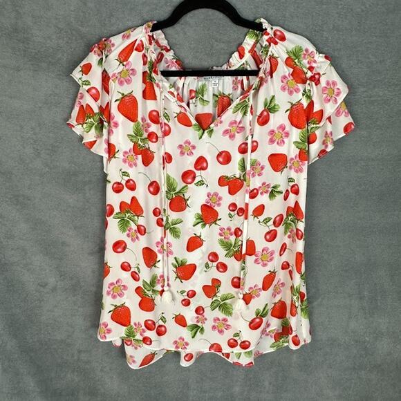 Rose Olive Top Womens 1X White Strawberry Cherry Ruffle Summer Preppy Whimsy - Picture 4 of 14
